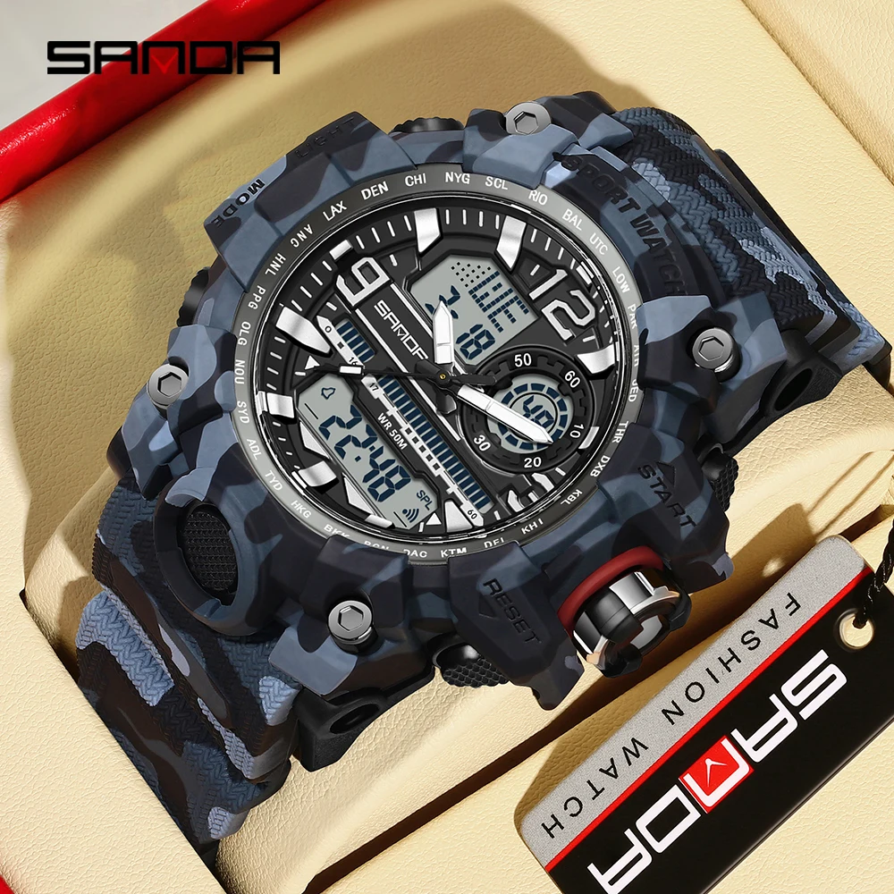 SANDA 3359 Fashion Men's Digital Electronic Hand Camouflage Style Multi functional Waterproof Military Men's Electronic Watch