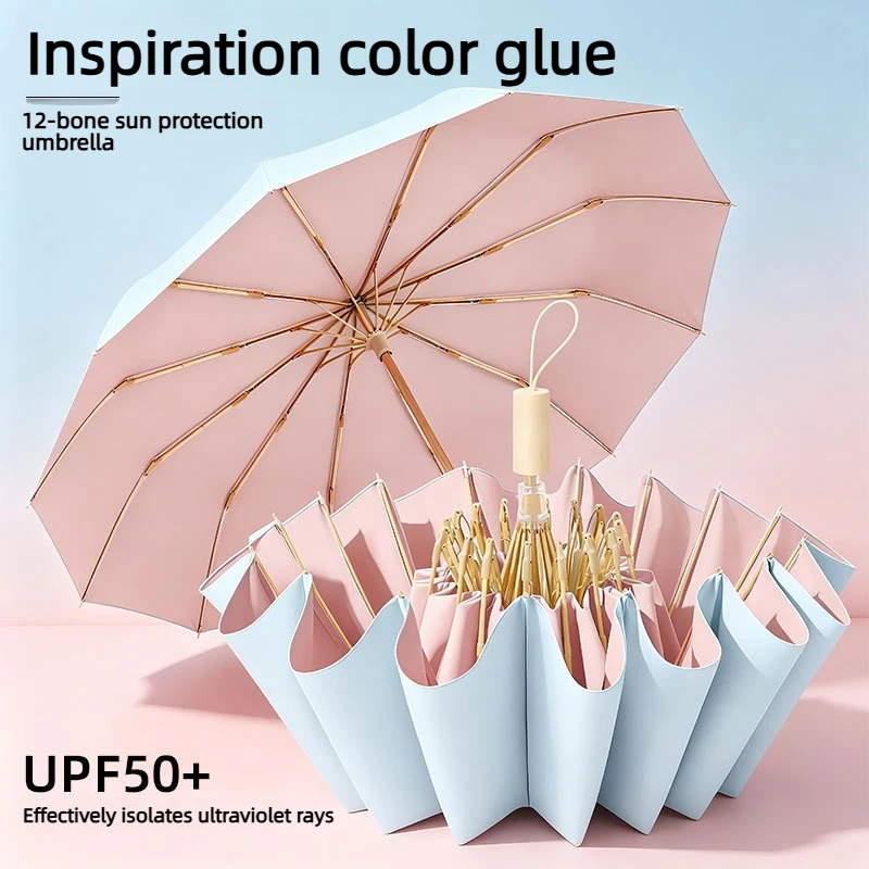 Women's UV UPF50+ Sun Umbrella Windproof 12 Bones Foldable Color Glue Sun Protection Parasol for Rain And Shine