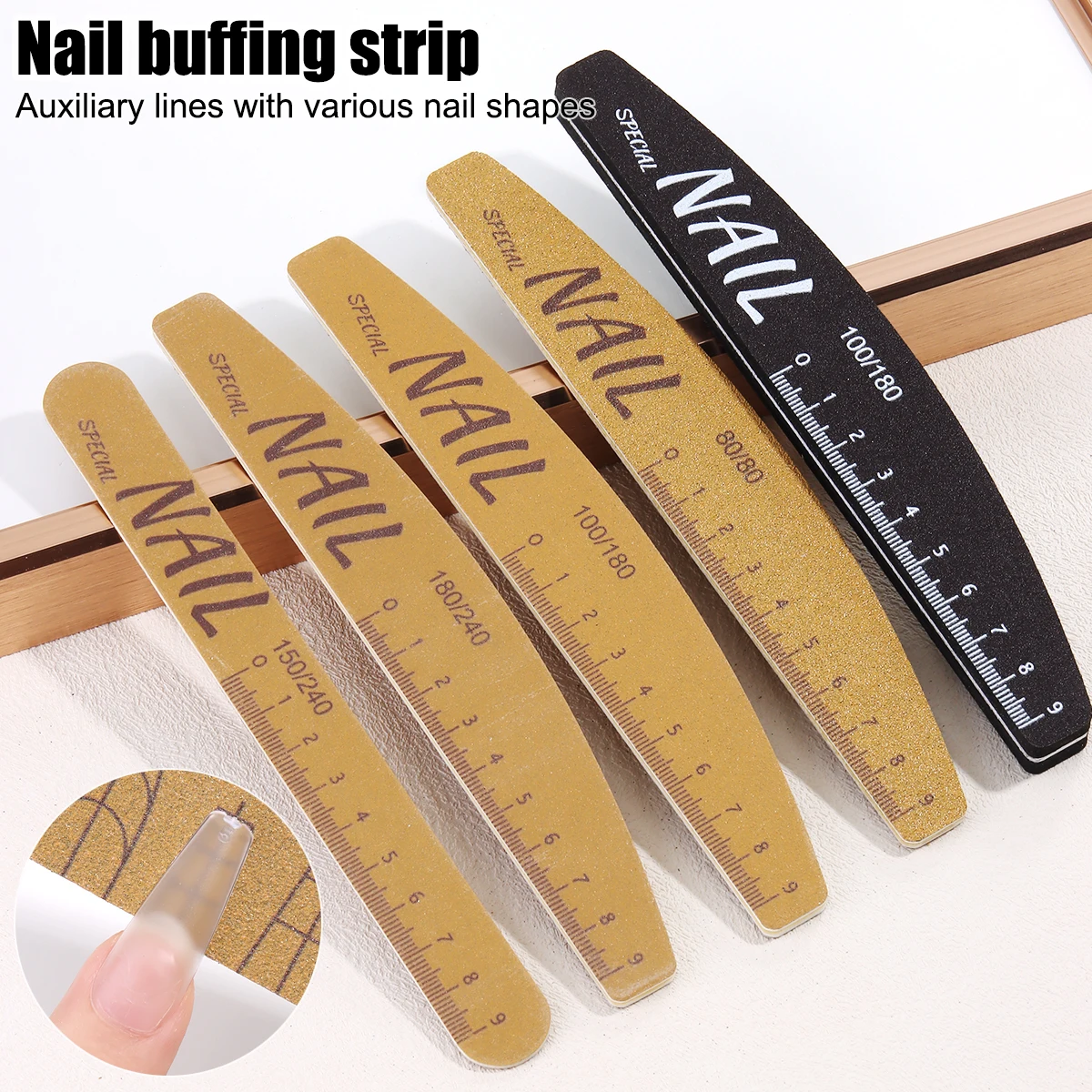 Nail File/Buffing Strip, Non-Shedding, Washable, Includes Nail Shape Guide Lines, Double-Sided Nail Shaping and Polishing Sponge