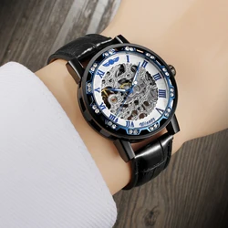 Winner Transparent Blue Steel Skeleton Mechanical Man Watch High-End Luxury Fashion Men's Wristwatch Clock Leather reloj hombre