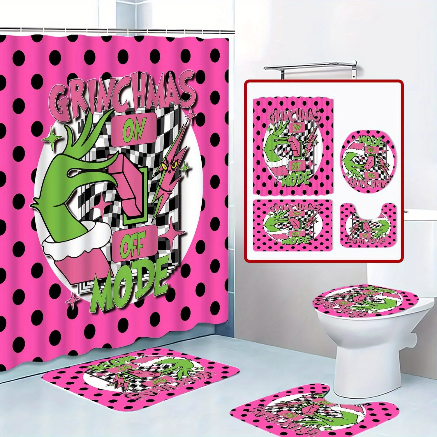 

4pcs Shower Curtain Set,On/Off Mode Christmas Design with Green Elf Pattern, Non-Slip Bath Mat & Hooks,Machine Washable