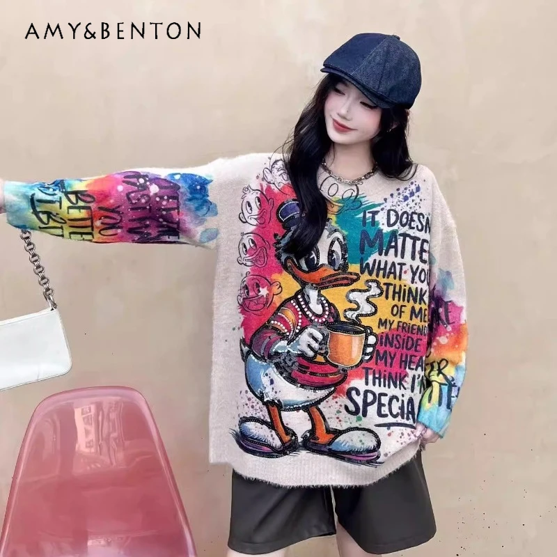 الكرتون طباعة طويلة الأكمام س الرقبة محبوك سترة للنساء الخريف بلوفر شتوي فضفاض المتضخم التخسيس تريكو ملابس خارجية