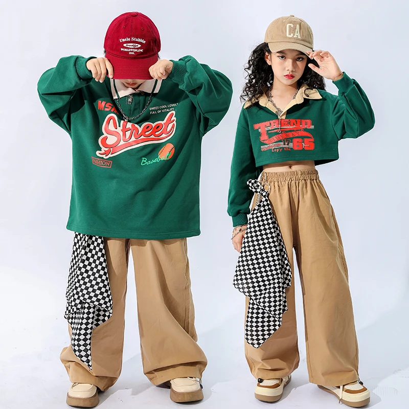 Ropa de baile moderno para niños, camisas verdes, pantalones sueltos, trajes deportivos Kpop para niñas y niños, ropa de Hip Hop, DQS11579, novedad