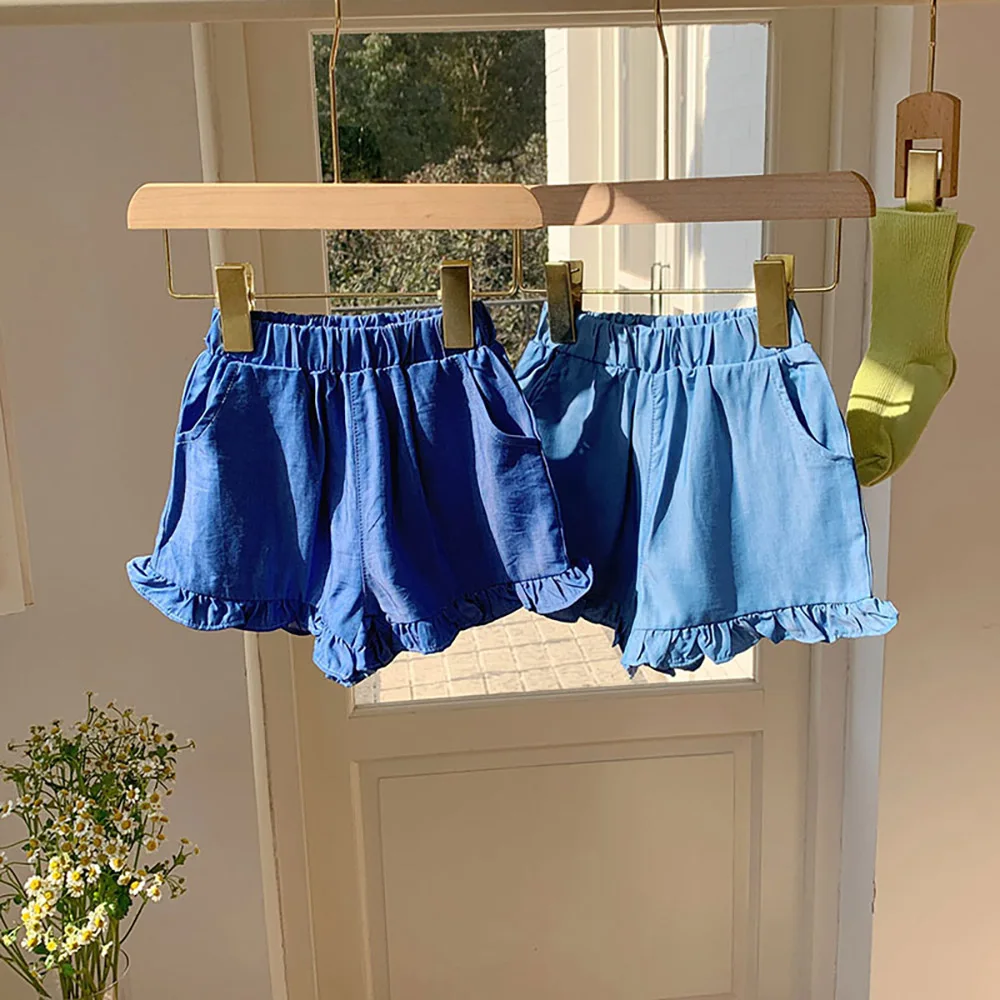 الفتيات طفل الصيف رقيقة الدنيم السراويل 2025 الكشكشة مرونة الخصر سراويل قصيرة غير رسمية الاطفال الأزرق السراويل الساخنة ملابس الأطفال السراويل #2