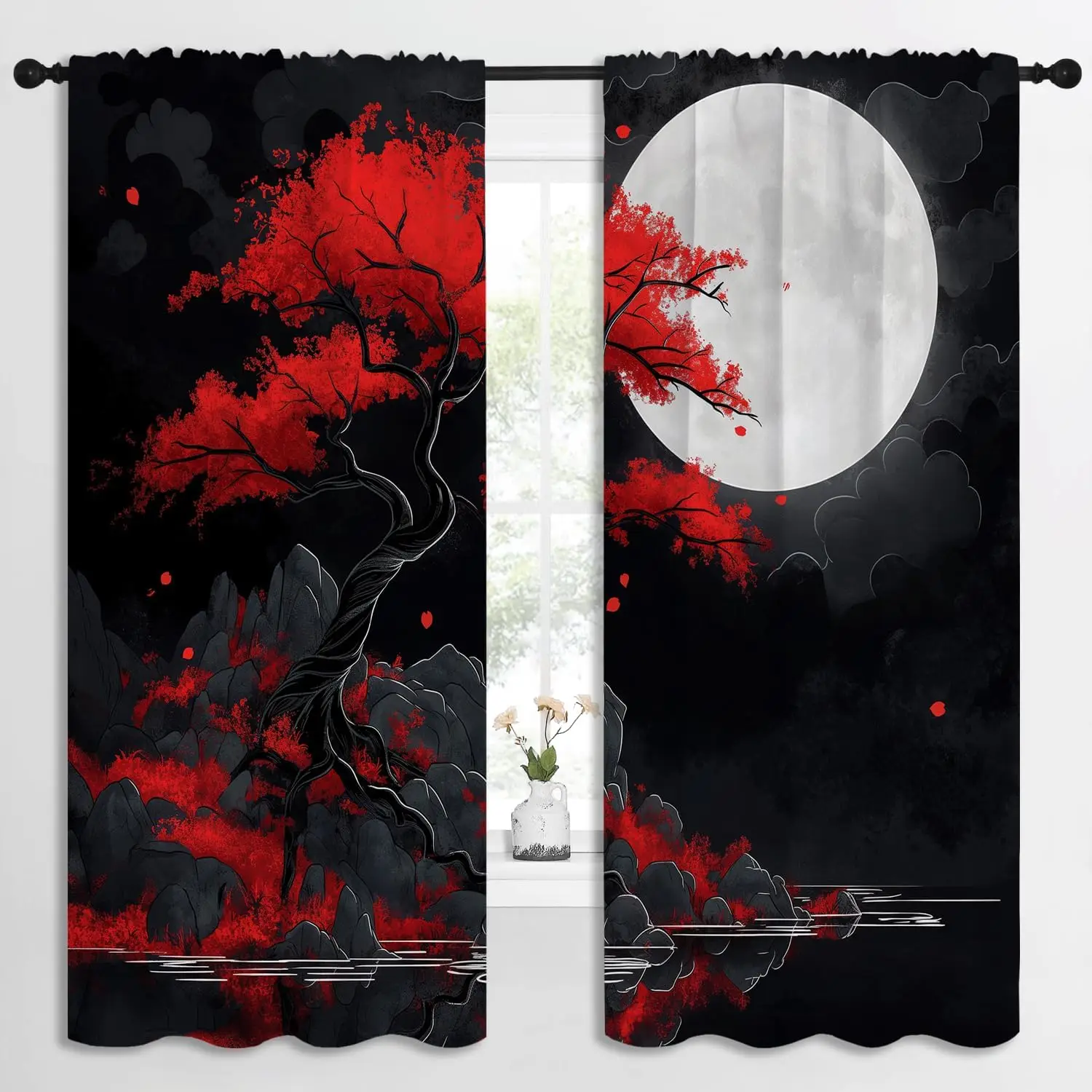 Japanese Boy Girls Blackout Curtains,Asian Anime Red Plum Moon Landscape Painting, 2 Panel Rod Pocket Thermal Insulated Drapes