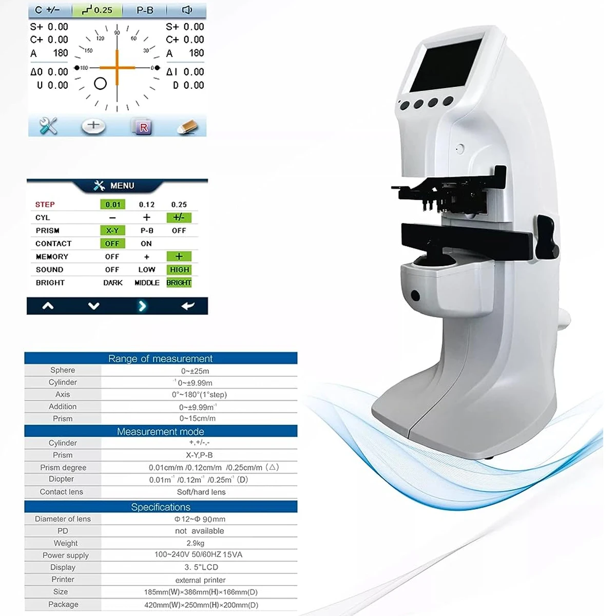 Moniteur LCD TFT Compact 3.5 pouces, lensmètre automatique, focimètre numérique, lensomètre automatique, équipement de mesure de lentilles, prix bas