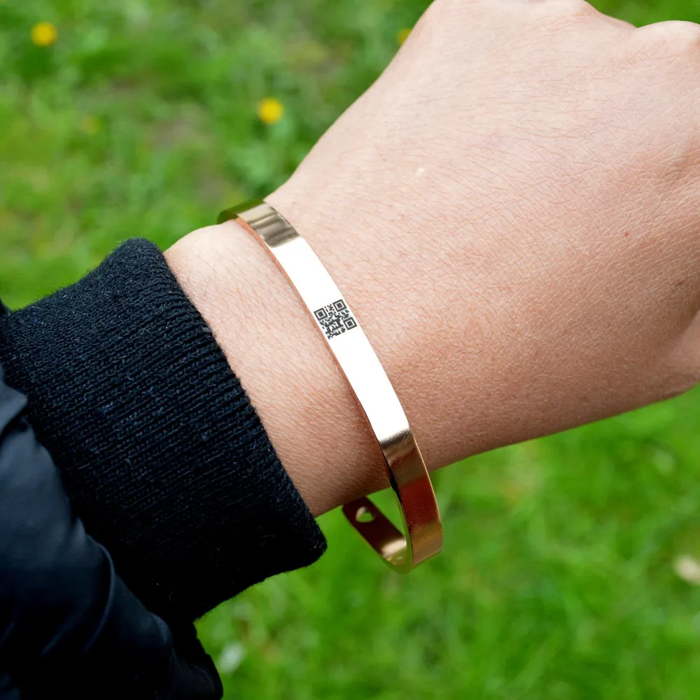 Personalized Engraved QR Code Cuff Bracelet Adjustable Stainless Steel Secret Message Jewelry Statement Bangle Pulseras