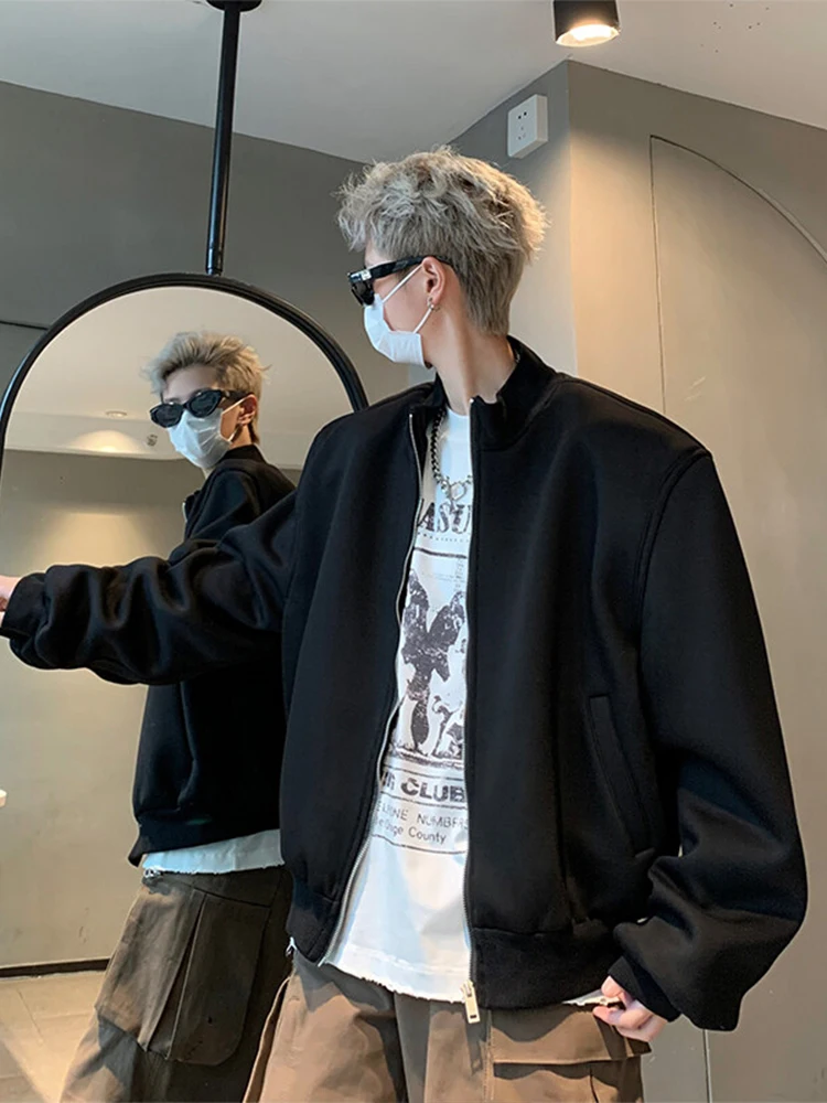 

Heavyweight oulder Pad Cardigan Sweatirt Men's ort Sle Stand Collar Outerwear Trendy Loose Fit Spring Autumn