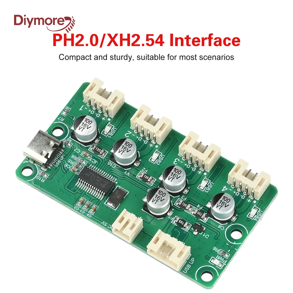 PH2.0 XH2.54MM USB Splitter Module DC 5V 1 To 4 Port USB 2.0 HUB Interface and Independent Power Supply