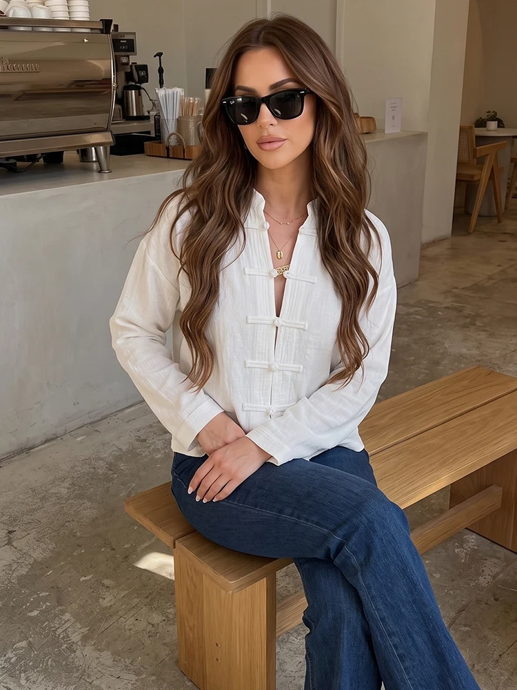 HH Women's Spring Textured Oriental Blouse Mandarin Stand Collar Loose Drop Shoulder Shirt For Office Daily Vacation Travel