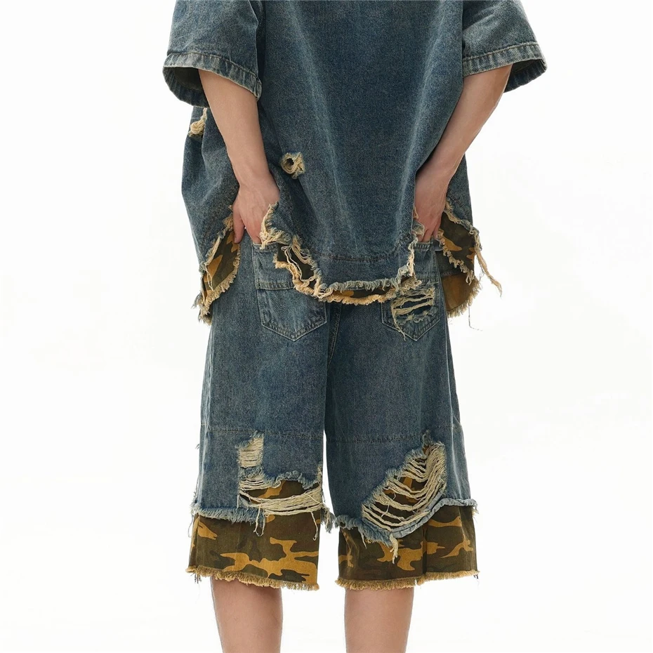 Ripped Hole Denim Sets Streetwear Hip Hop Patchwork Camouflage Jeans Shirts Men Oversized Vintage Baggy Denim Shorts Mens Blouse