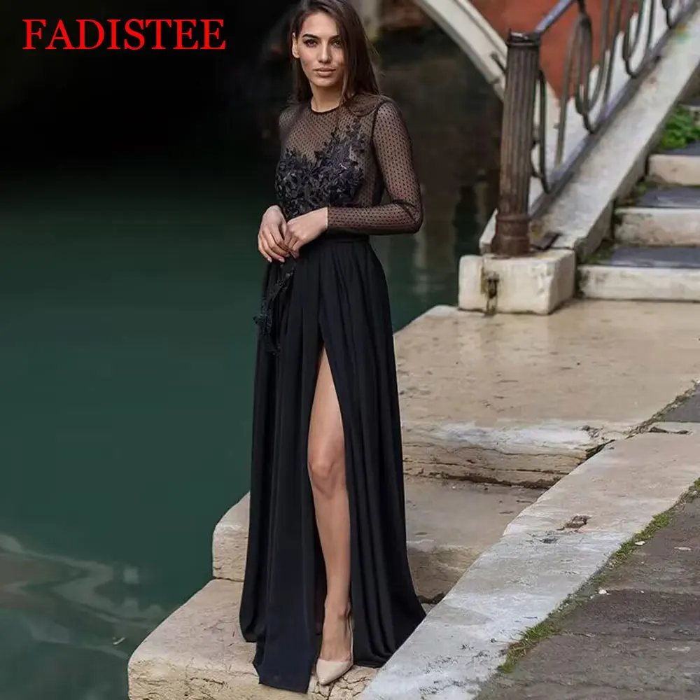 

Customized Black Prom Dresses Long Sleeves High Slit Chiffon Evening Party Gowns Lace Appliques illusion top A-line formal dress