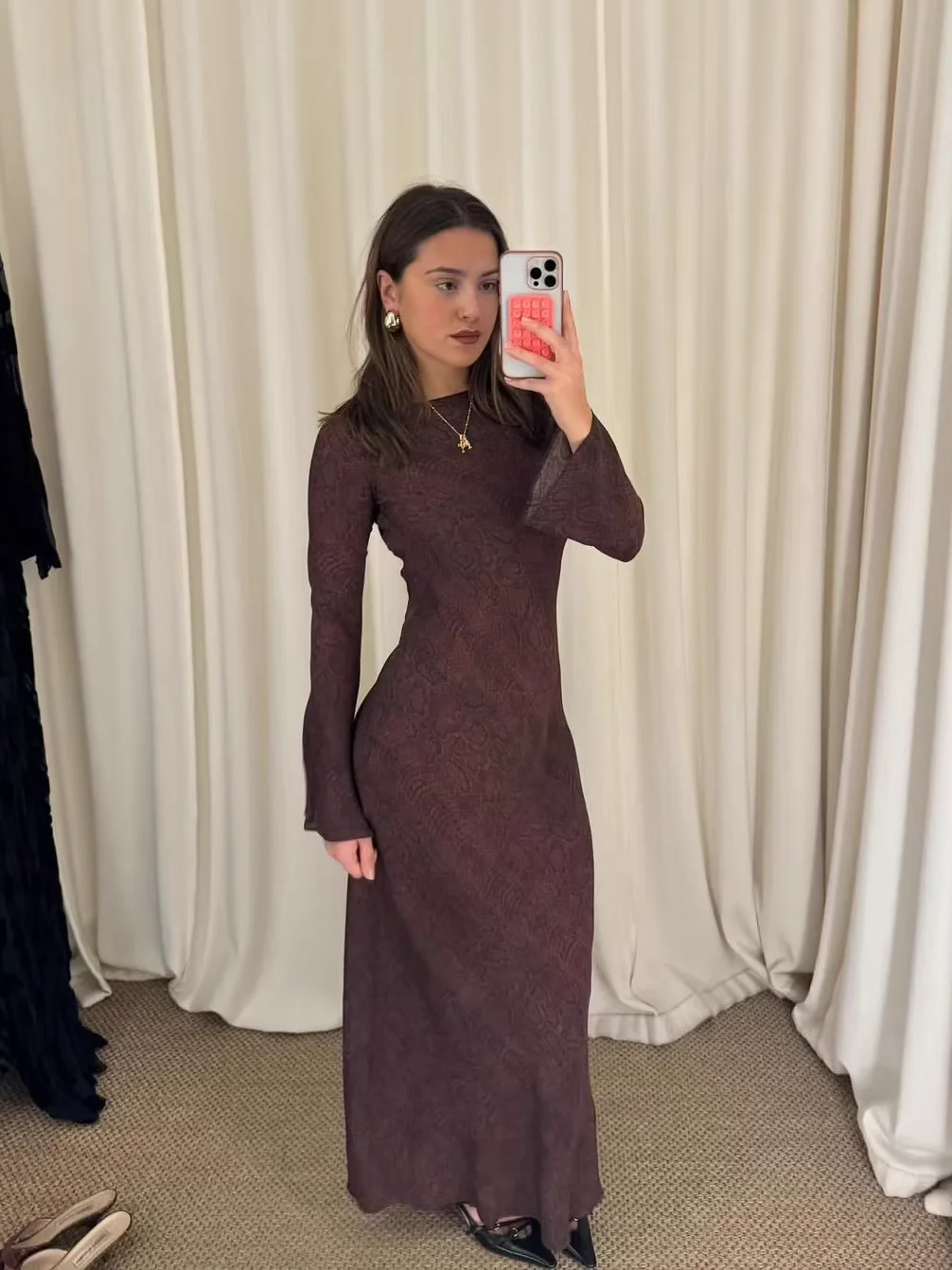 

Retro Print Women Silk Maxi Dress Round Neck Long Sleeve Oblique Cut Elegant Ladies Robe