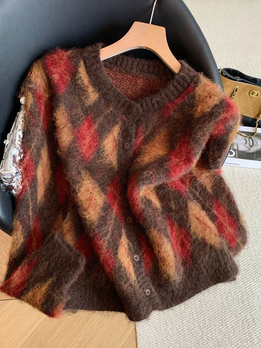 

Цветной свитер-кардиган Blo ort, женское зимнее пальто с пушистым ромбовидным узором, корейские длинные брюки с высокой талией для поездок на работу