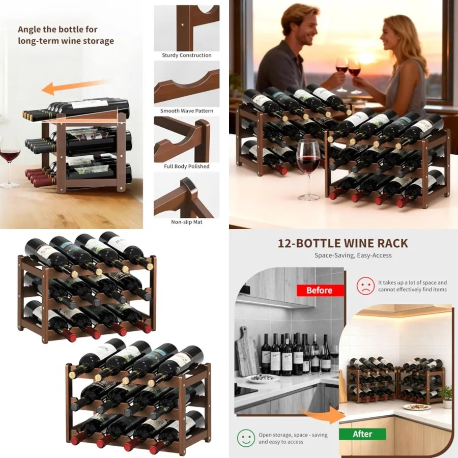 

Wine Rack Bamboo Wine Racks Countertop, Sturdy Wine Rack for Inside Cabinet and Freestanding Floor, Set of 3-Tier Bottles Racks
