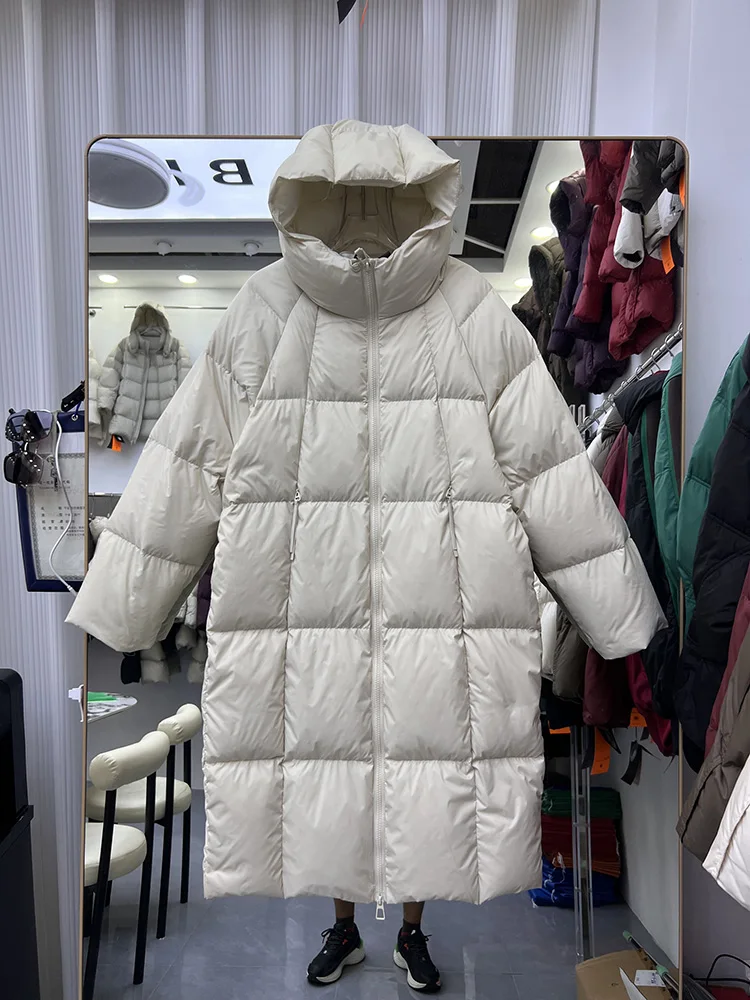 2025 winter new down jacket women's solid color simple and versatile long style hooded loose white duck down jacket