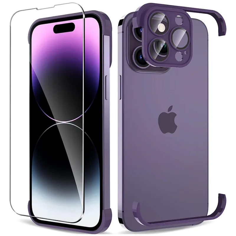 2 in 1 Fall für iPhone 14 13 12 15 16 Pro Max Plus 16pro i Telefon rahmenlose TPU Silikon Stoßstange mit Glas Displays chutz folie