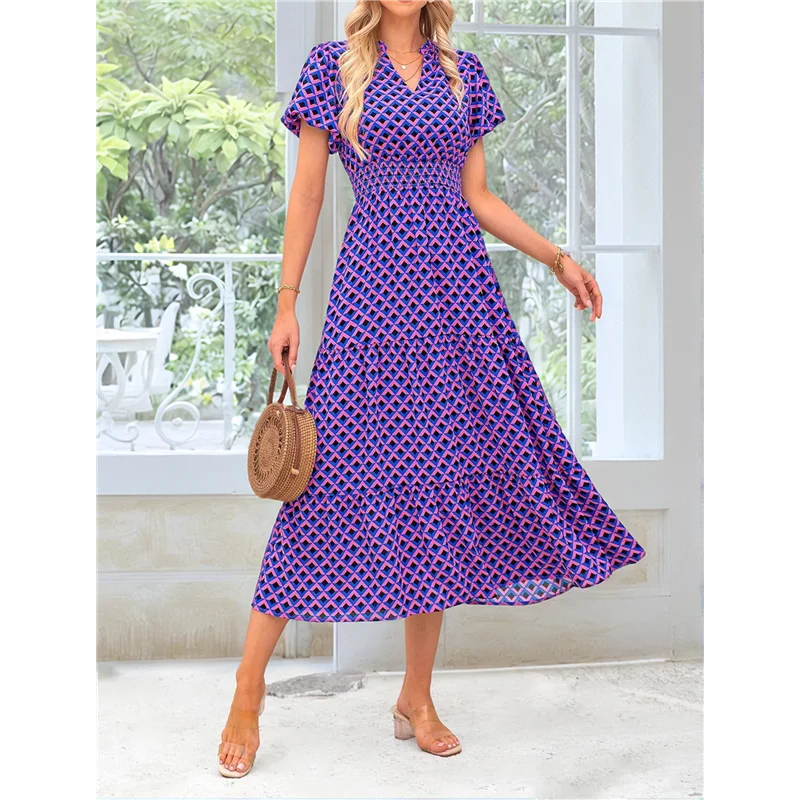 【SEE】Letnie sukienki maxi dla kobiet 2025 Casual V Neck Puff Short Sleeve Smocked Flowy Beach Boho Long Floral Dress