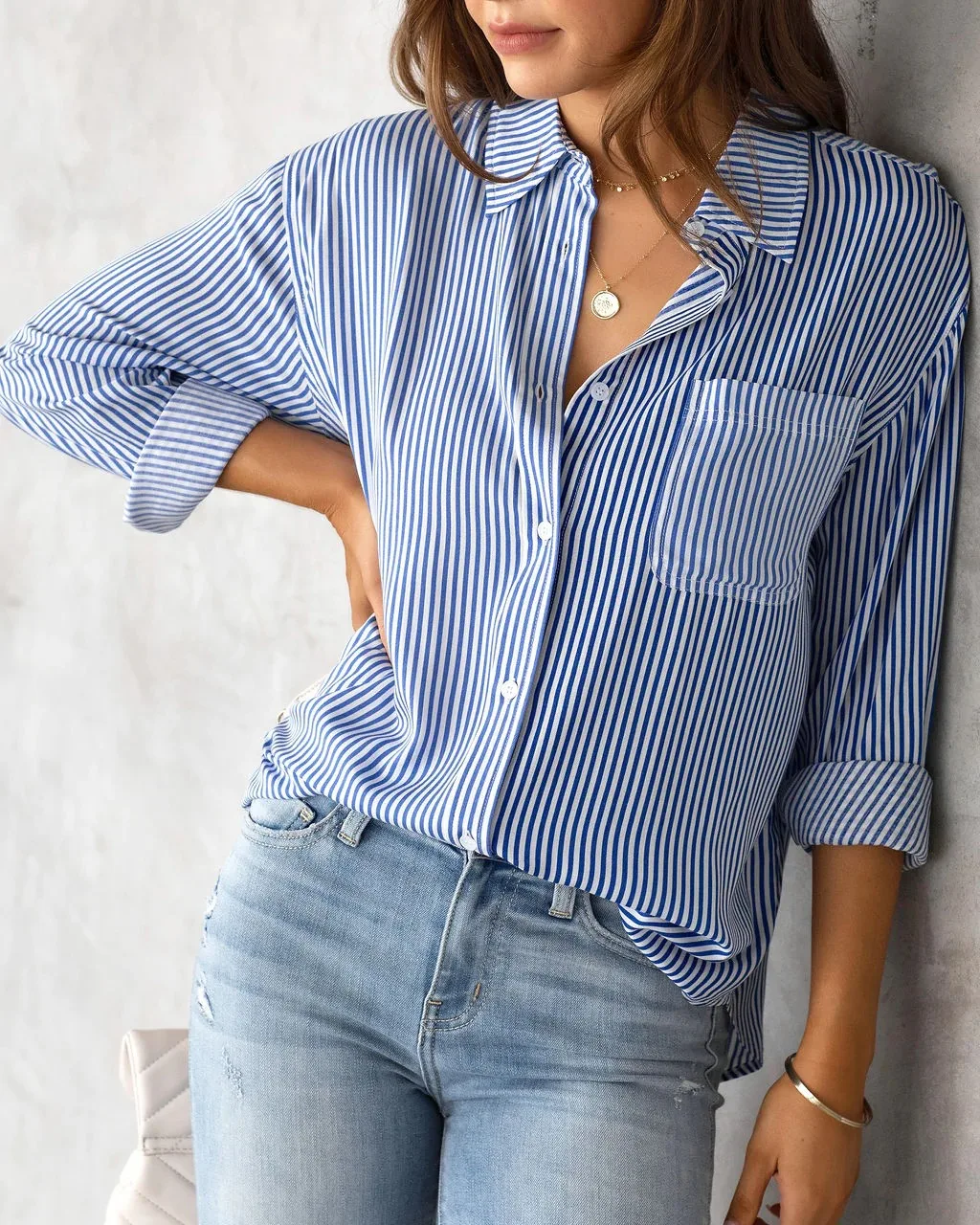 Elegant and youth woman blouses Fashion 2023 spring casual pocket striped print long sleeve button up shirt Blue khaki green top