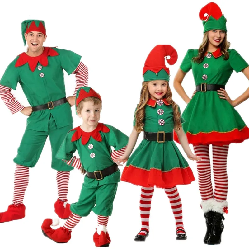 

Women Men Boy Girl Christmas Santa Claus Cosplay Costume Kids Adults Family Green Elf Cosplay Costumes Carnival Party Costume