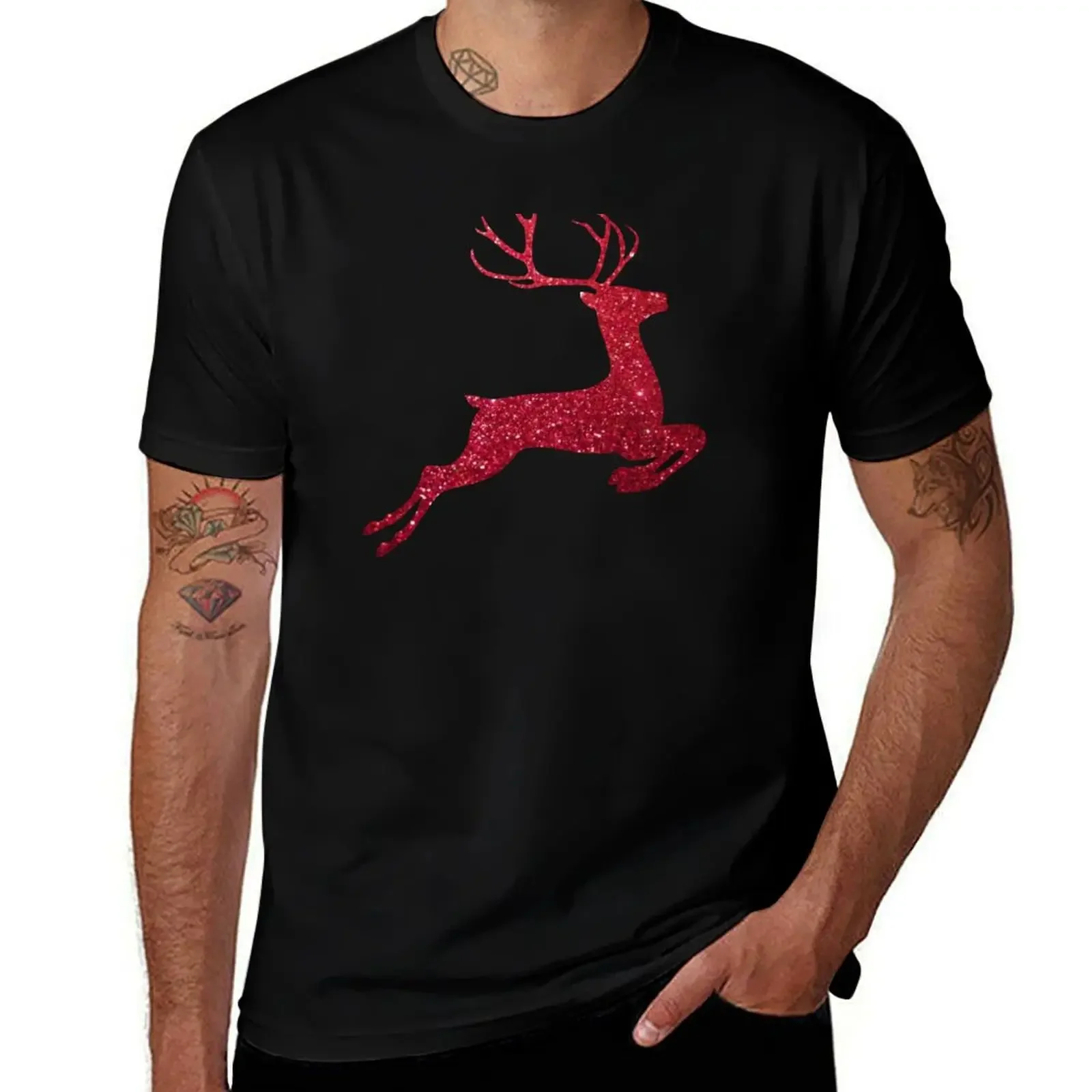 Red Faux Glitter Reindeer T-Shirt Blouse quick drying aesthetic clothes sweat shirts, men