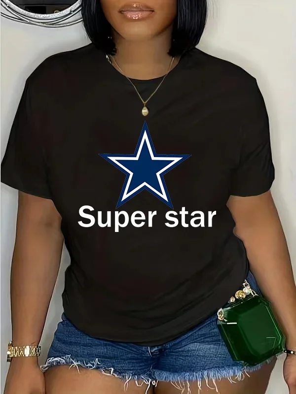 Plus Size Women\'s 6 Colors Summer Casual Short Sleeved O-Neck Printed Graphic Pentagram Letters Super Star Plus Size T-Shirts