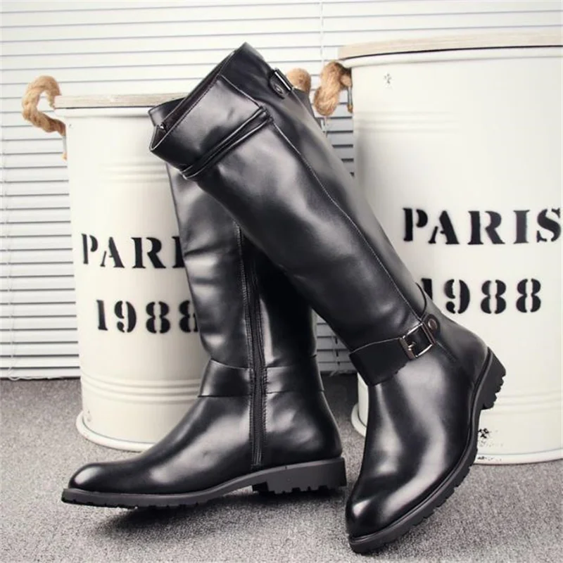 Mens Black Over Knee High Boots Cow Leather Long Waterproof Snowboots Equestrian Motocycle Boots Zipper outdoor nightclub boots