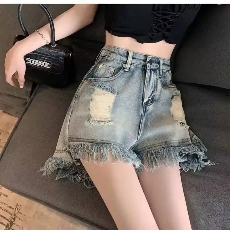 Tassel Ripped Denim Shorts Women's 2025 Summer A-Line High-waist Wide-leg Blue Shorts Vintage Destroyed Hole Baggy Jeans Pants