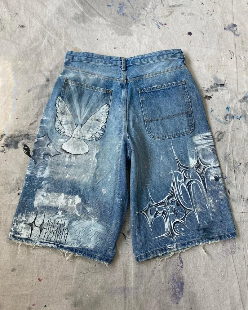 Shorts jeans grandes com estampa retrô de grafite masculino, cintura alta, solto, casual, calças de pernas largas, moda americana de rua, Y2k