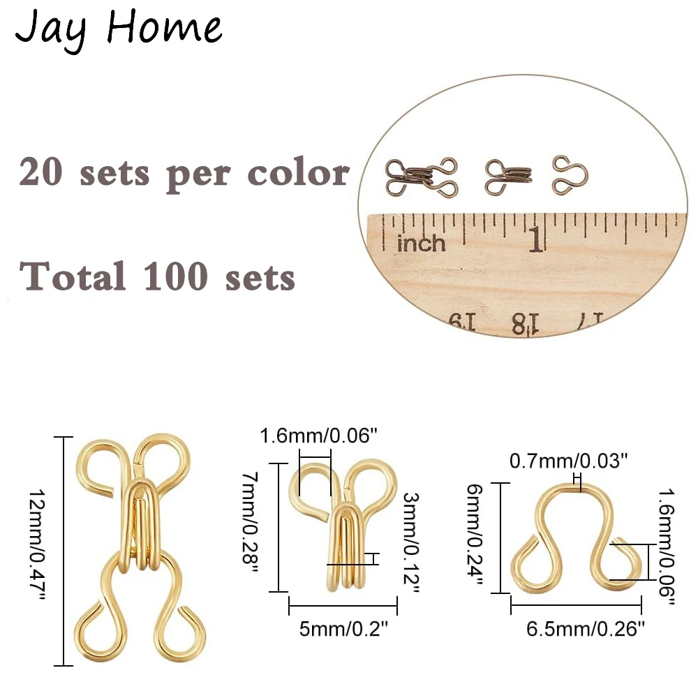 100 Sets 5 Colors Brass Garment Hook and Eye 12mm Mini Sewing Hooks and Eyes Closure for Bra Clothing Craft Garment Accessories