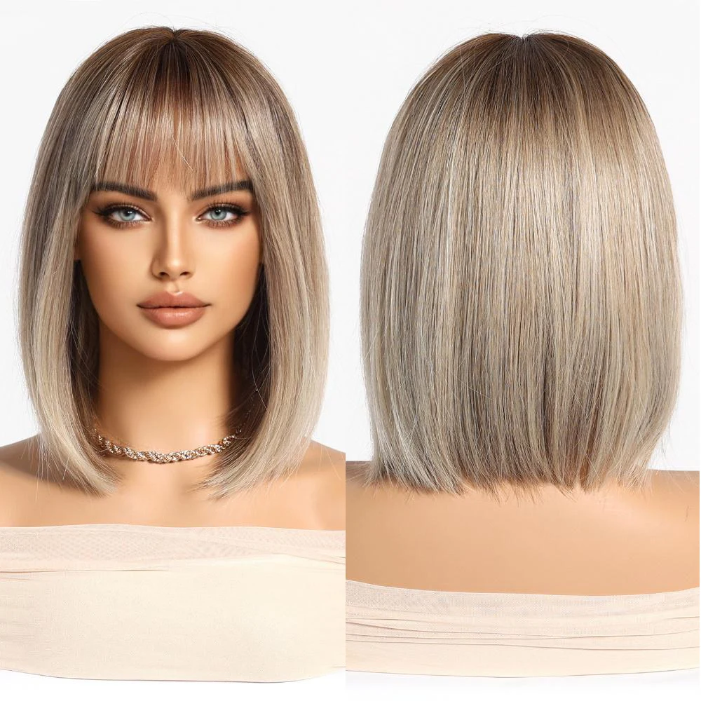 

A 10-Inch Gradient Gold Short Straight Synthetic Hair With Bangs Is Suitable For Women'S Daily Parties. The Bob Wig Is Natural