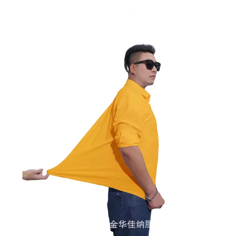 Plus Size Men's Elastic Natural Color Button Long Sleeve Shirt Men's Top