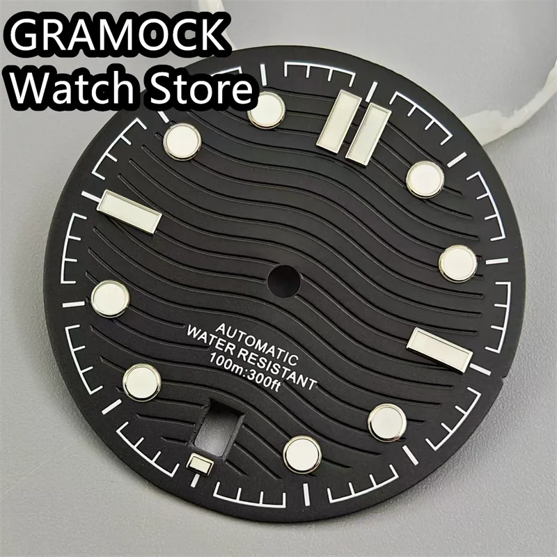 GRAMOCK 31mm Watch Dial Black White Blue Green Dial Green Luminous Fit NH35 Movement 6 O\'clock Date Window