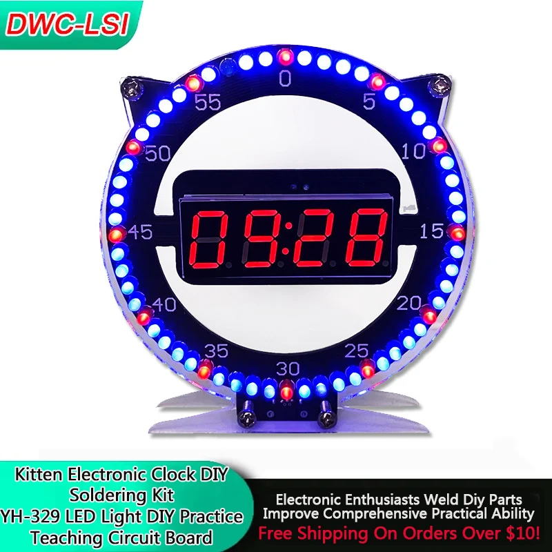 Kitten Electronic Clock DIY Welding Kit Creative Alarm Clock YH-329 LED Light DIY Practice Teaching Circuit Board