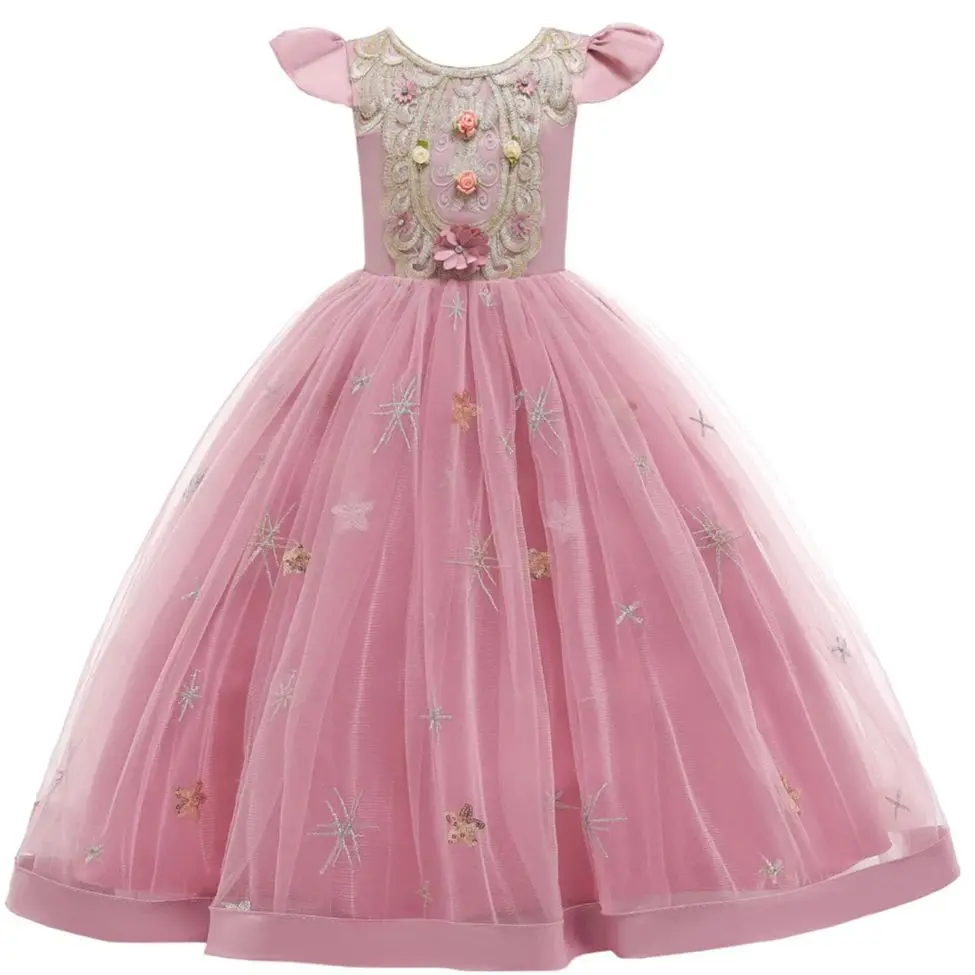 Teenage Girls Flutter Sleeves Floral Embroidery Tulle Princess Dress For Kids Formal Party Wedding Birthday Pageant Maxi Gown