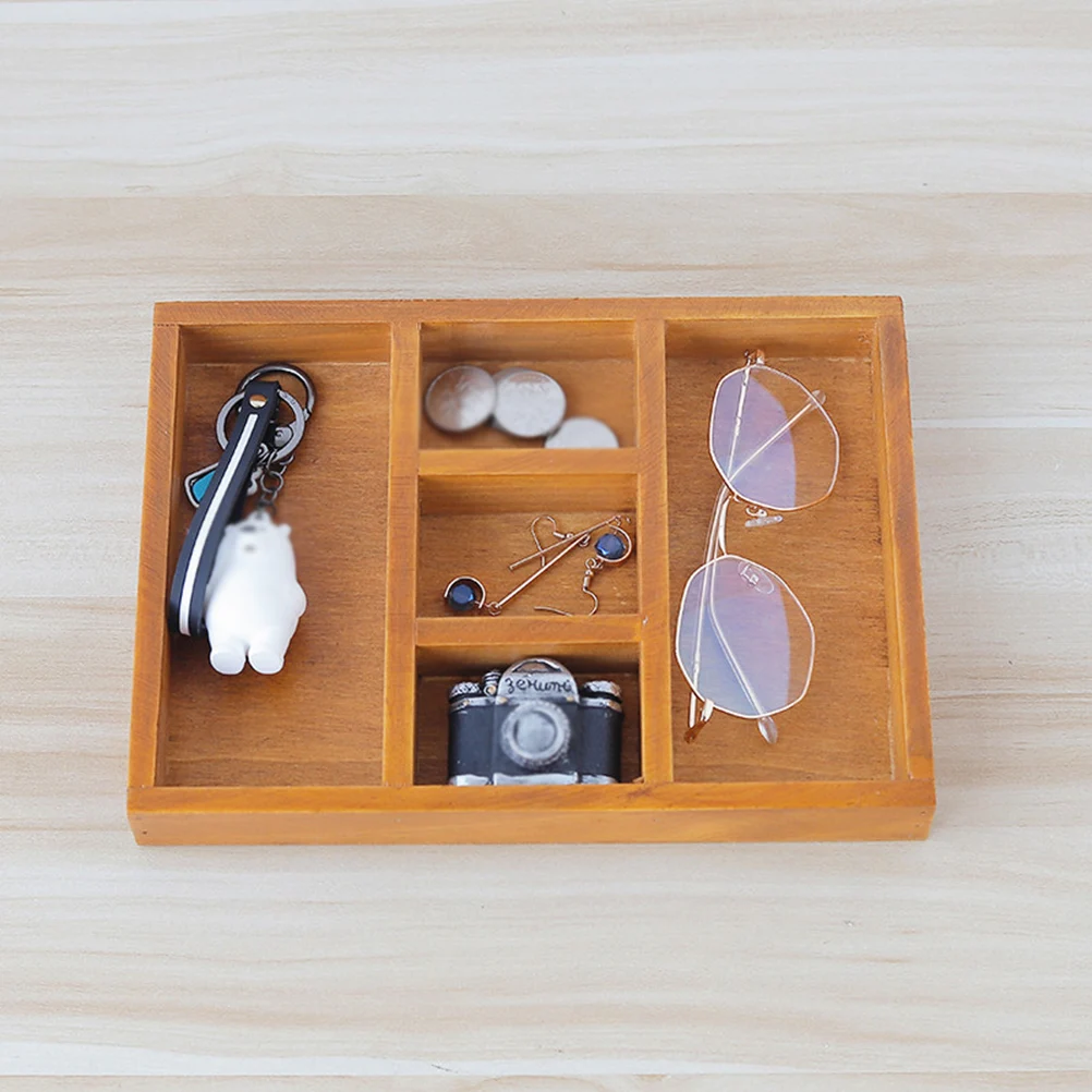 

Wooden Storage Box Vintage 5-Grid Desktop Organizer Cutlery Tray Waterproof Corrosion Resistant Eco-Friendly Kitchen
