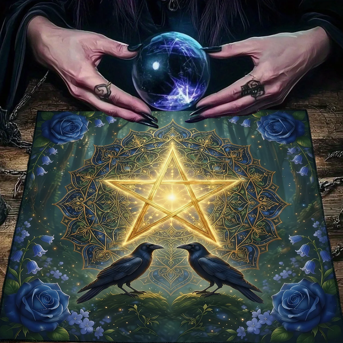 Moon Crow Tarot Card Table Cloth with Floral Pentagram Altar Cloth Witchcraft Astrology Oracle Cards Pad Decor Divination Tools