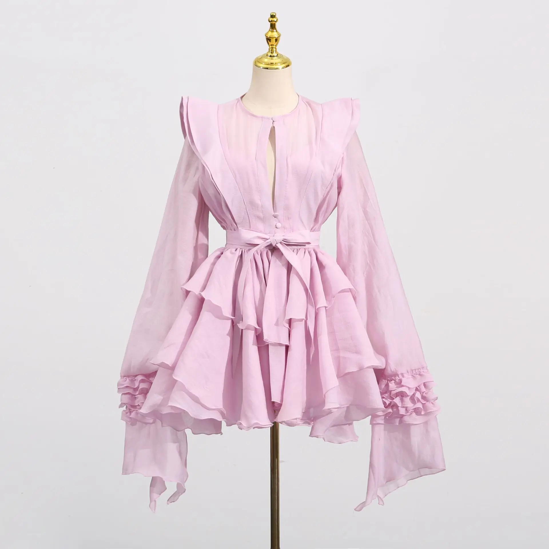 Temperamento elegante socialite mini vestidos femininos cor sólida babados mangas balão irregular em camadas festa vestido curto feminino