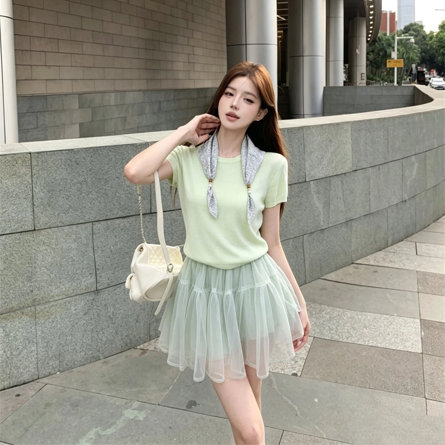 

Chic Korean Style Color Knitted Top High Waist Mesh A-Line Skirt Set Women's Fashionable Versatile Short Sleeve T-Shirt