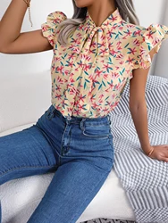 Women Casual Floral Print Bow Ruffles Chiffon Blouse Summer Top