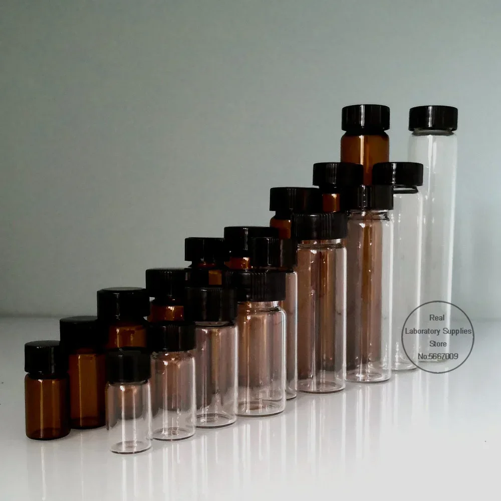 20pcs/lot 3ml 5ml 10ml 15ml 20ml 30ml 40ml 50ml (Clear/ brown) Glass Seal Bottle Reagent Sample Vials With Plastic Lid Screw Cap