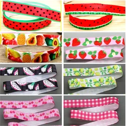 DHK 5/8'' 5yards Watermelon Coconut Fruit Cherry Lemon Printed Fold Elastic FOE Stretch Ribbon Hairbow Headband DIY C1768