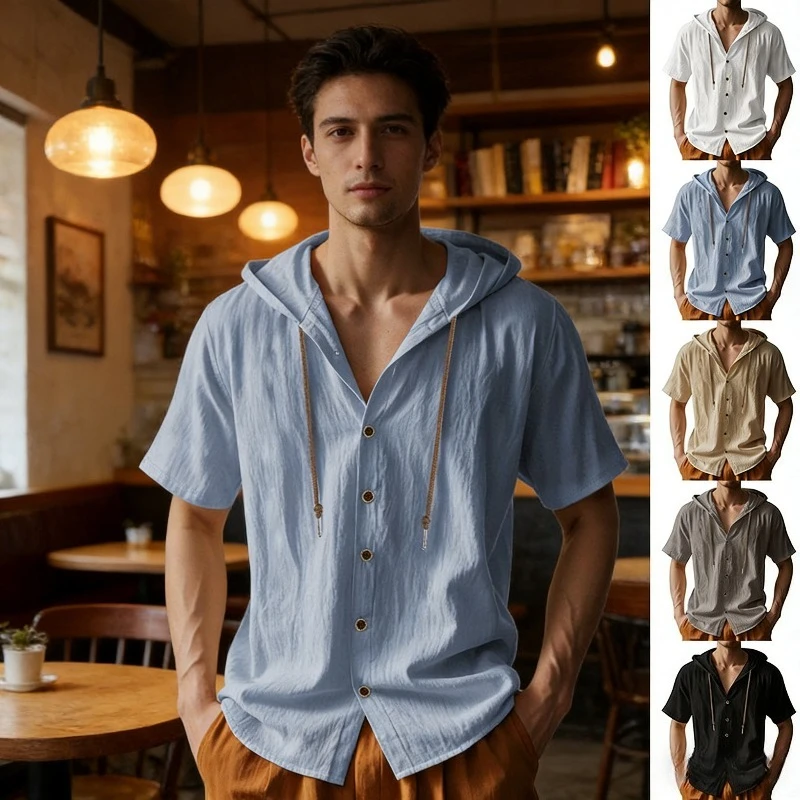 

Cotton Linen Shirt for Men Hooded Short Sleeve Solid Color Breathable Lightweight Drawstring Design Shirts Casual Basic Tees