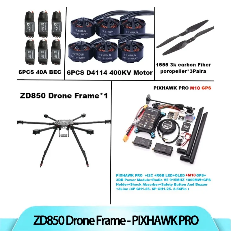 

B-CUBE ZD850 PRO M8N/M9N/M10 Full Carbon Fiber 850mm Hexa-Rotor Frame BLHELI 40A ESC PIXHAWK Flight Comtrol Rado Telemetry Set