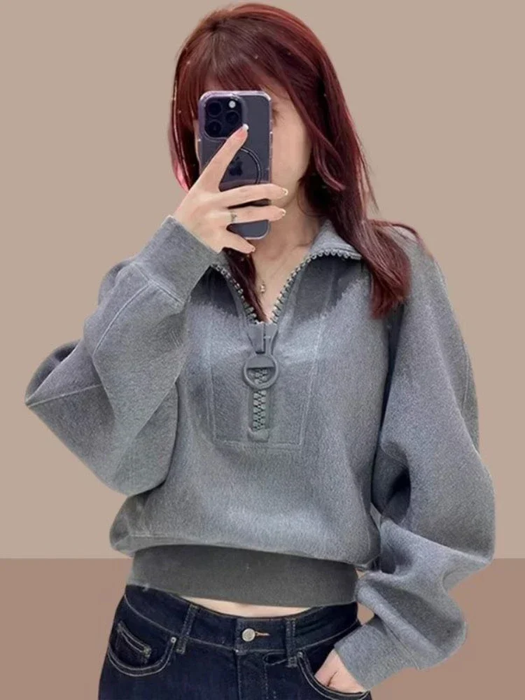 Women\'s with Zipper Sweatshirts Autumn and Winter Warm Female Top Full Zip Up Thick Pullovers Cold Cropped Grey 90s Vintage Xxl