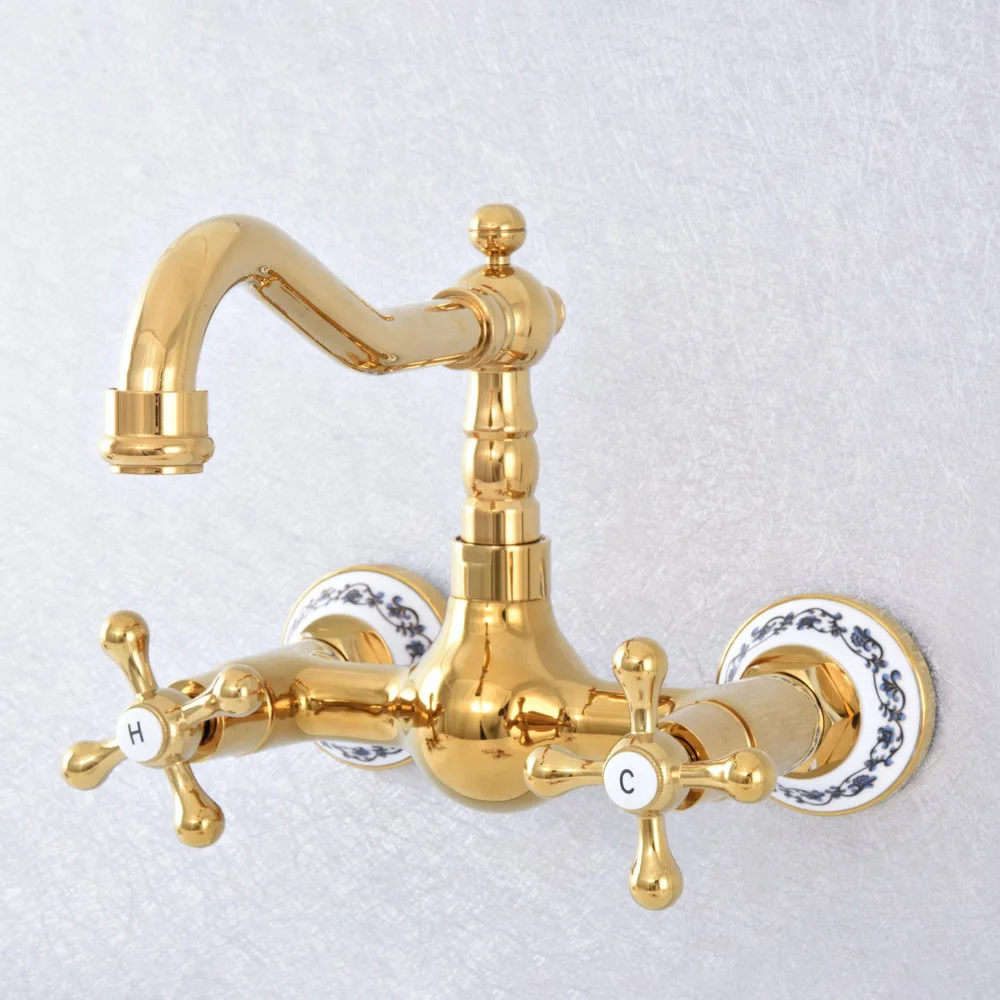 

Gold Polished Brass Bathroom Kitchen Sink Basin Faucet Mixer Tap Swivel Spout Wall Mounted Dual Cross Handles tsf619