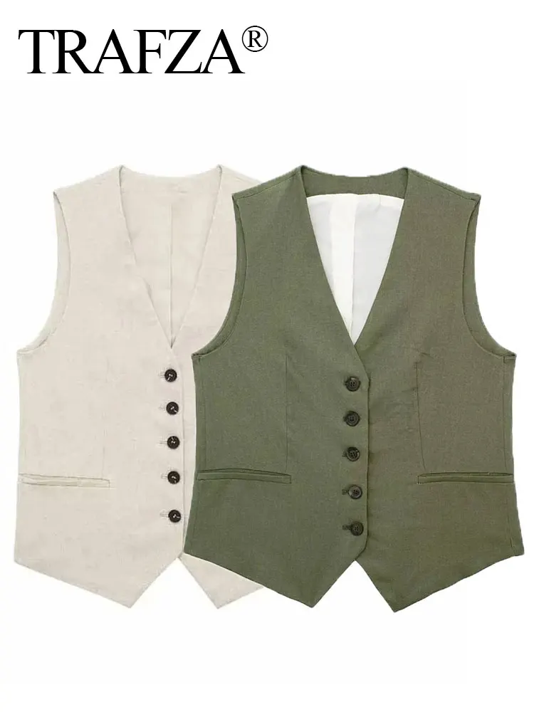 TRAFZA Women Casual Solid Vests V Neck Single Breasted Sleeveless Waistcoat Top Vintage Woman Summer Commuting Basics Vest