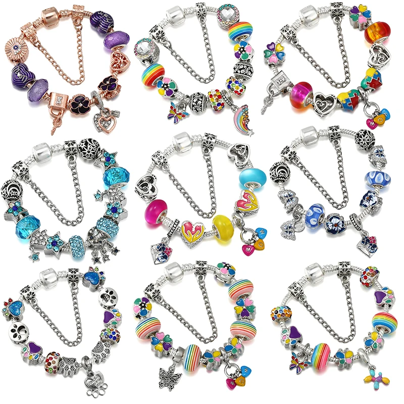 Pulseras con dijes de esmalte de colores con mariposa DIY, colgante de flor de arcoíris, cuentas, cadena de serpiente, joyería para mujer, regalo al por mayor