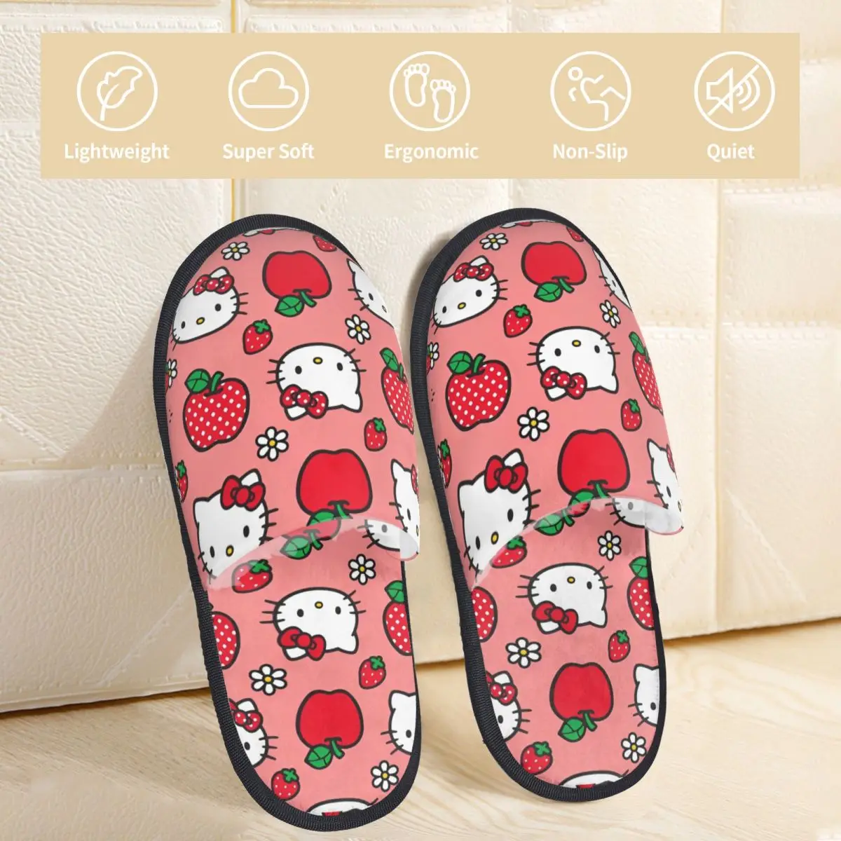 هالو كيتي أبل الفراولة زهرة نمط شبشب شتوي غرفة المعيشة مريحة رغوة الذاكرة الشرائح المضادة للانزلاق