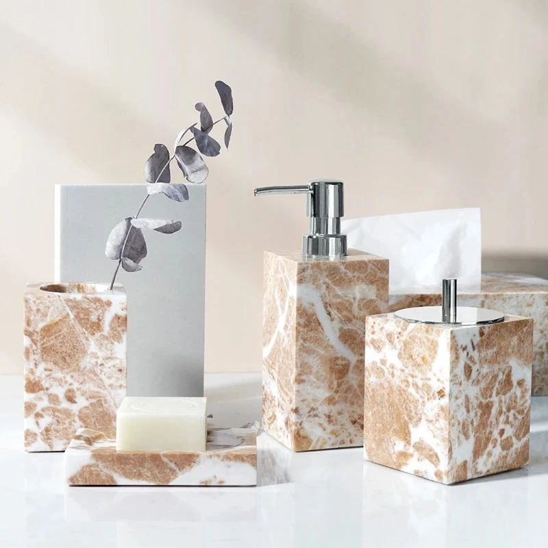 

Роскошный кораллово-розовый натуральный мраморный набор для ванной комнаты — дозатор мыла, мыльница, держатель для зубных щеток и коробка для салфеток с подносом